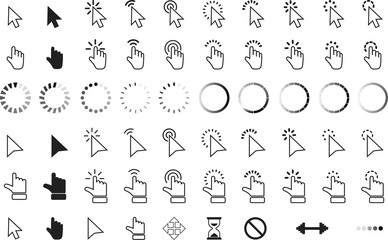 Computer mouse click cursor arrow icons set and loading icons. Cursor icon. Vector illustration. Mouse click cursor icons set. Loading icon.