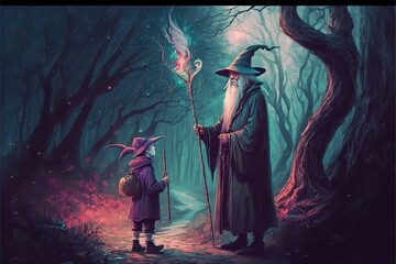 A wizard and his apprentice in the forest - obrazy, fototapety, plakaty