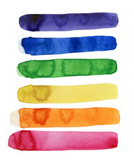 Bright painted rainbow watercolor strips. Hand drawn red, orange, yellow, green, blue, violet elements.