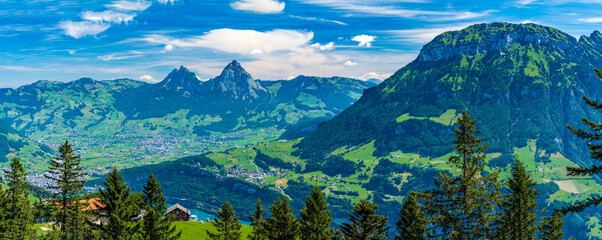 Switzerland 2022, Beautiful view of the Alps from Niederbauen. Schwyz and Mythens.