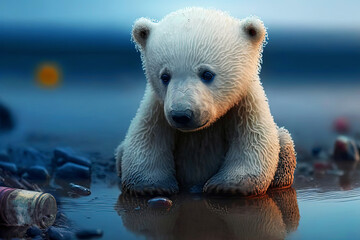 Obraz na płótnie Canvas Lone Cub's Lament, the Tragic Tale of a Polar Bear Stranded on a Polluted Shore.