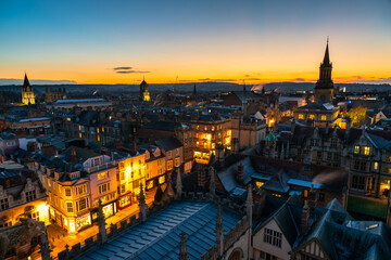 Oxford city rooftop skyline at sunset. England