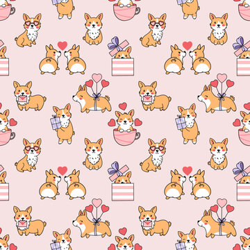 Cute corgi and heart. Seamless pattern for Valentine Day. Printing on fabric and wrapping paper.