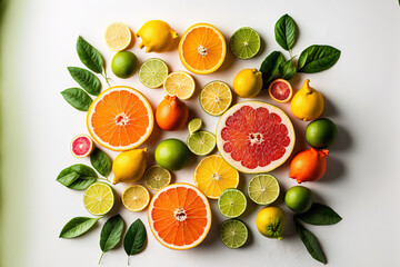 orange, grapefruit, lemon, and lime citrus fruits on a white horizontal backdrop. Generative AI