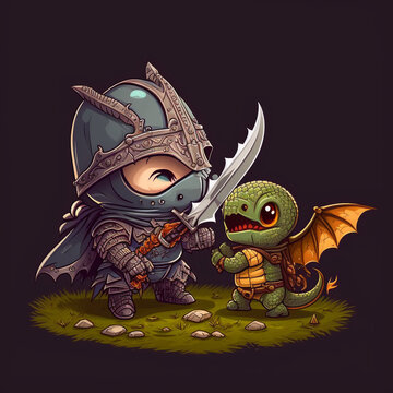 Chibi Cute Isolated Cartoon Warrior Knight with Leather Armor & Sword Laughing with Baby Turtle Dragon Friend. [Cute, Chibi, Kawaii Cartoon Character. Vector Style. Graphic Novel, Video Game, Manga]