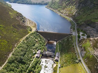 Dam in Wales Elan Valley sunny  summer day  drone aerial view.