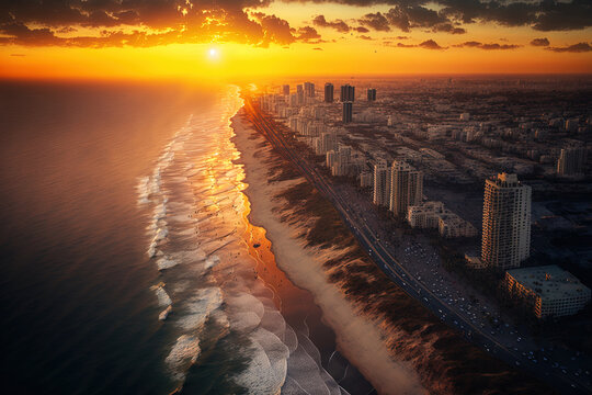 Conceptual Ai Generated Image (not actual) - Aerial image of Tel Aviv, Israel's Mediterranean Sea shoreline as the sun sets. Generative AI