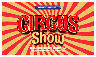 Circus show, editable text effect template, retro vintage font style in sun rays background