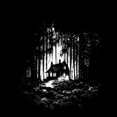 Black and white vector sketch illustration of Horror House in the dark forest 