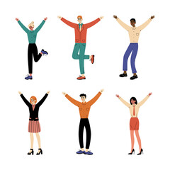 Young people standing with raising hands set. Young men and women celebrating success cartoon vector illustration