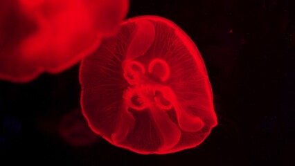 Obraz premium video collection. Sea and ocean jellyfish swim in the water close-up. Illumination and bioluminescence in different colors in the dark. Exotic and rare jellyfish in the aquarium