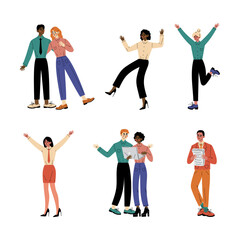 Business people standing with their hands raised celebrating success cartoon vector illustration