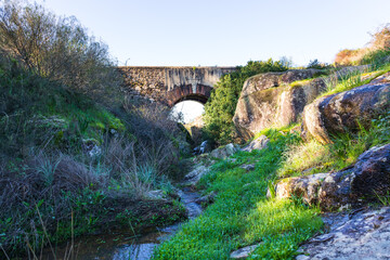 Old romanic bricks bridge in the countryside of Ribatejo - Chamusca - Portugal