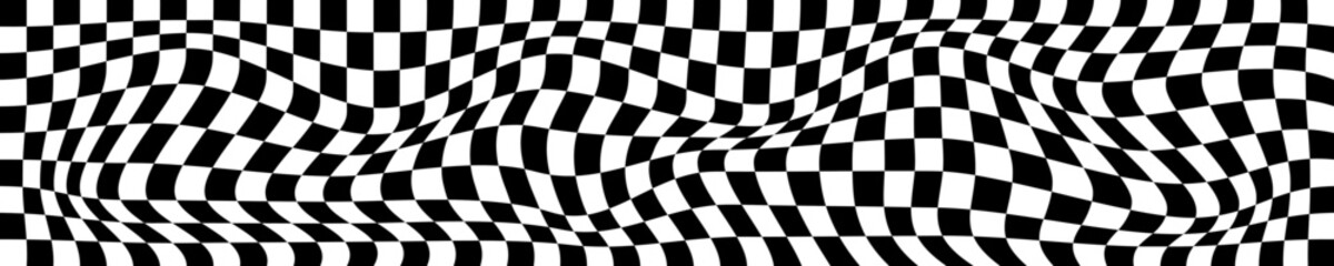 Psychedelic horizontal pattern with warped black and white squares. Distorted chess board background. Hypnotizing checkered optical illusion. Race flag texture. Trippy checkerboard surface