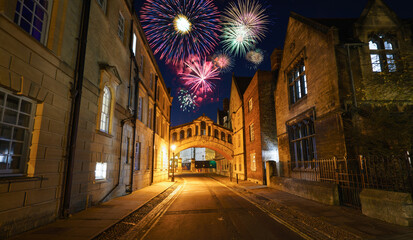 Fireworks display near Hertford Bridge known as the Bridge of Sighs in Oxford, England