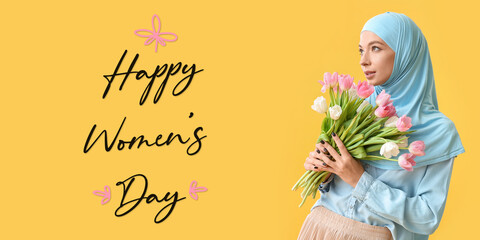 Beautiful Muslim woman with flowers on yellow background. Greeting card for Women's Day