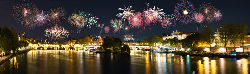 Paris riverside panorama with New Year Fireworks