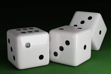 Three white dices on green background. 3D Render