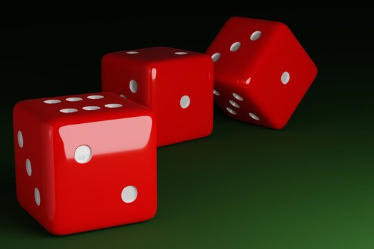 Three red dices on green background. 3D Render