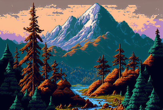 Pixel Art Landscape of a River in a Pine Forest in the Mountains. [Sci-Fi, Fantasy, Historic, Horror Scene. Generative AI. Graphic Novel, Video Game, Anime, Comic, or Manga Illustration.]
