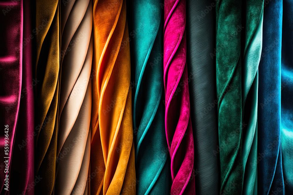 Poster a colorful assortment of velour fabric samples. fabric background texture. generative ai