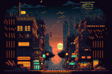 Pixel Art Neon Lit Street in a Big City at Sunset. [Sci-Fi, Fantasy, Historic, Horror Scene. Generative AI. Graphic Novel, Video Game, Anime, Comic, or Manga Illustration.]