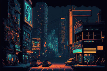 Pixel Art Illustration of a Cyberpunk Cityscape at Night with Skyscrapers, Neon Lights, Billboards, Cars, Theater Marquee, & Electric Wires. Retro Video Game Pixelart City. [Sci-Fi, Fantasy, Historic] - obrazy, fototapety, plakaty