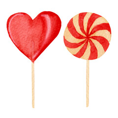 Watercolor set, candies on a stick isolated on a white background. For various products for Valentine's Day, cards etc.
