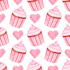 Watercolor pattern with pink cupcakes and hearts on white background. Pattern for valentine's day, wrapping paper etc.