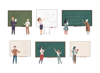 Set of teachers and professors standing in front of blackboard teaching students at school, college or university cartoon vector illustration © topvectors