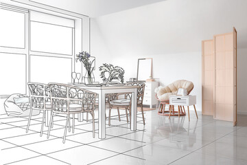 New interior of light room with table served for dinner and wicker chairs