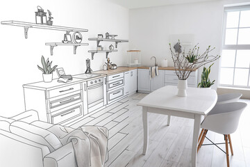 New interior of light kitchen with dining table in studio apartment