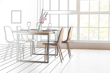 New interior of light room with served dining table, chairs and big window
