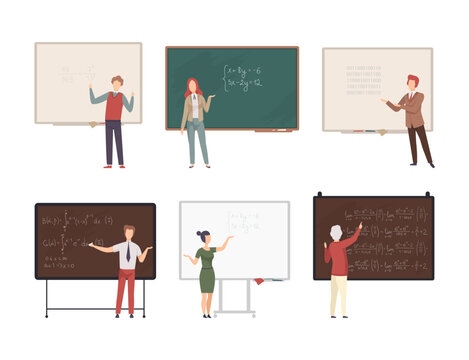 Teachers and professors standing in front of blackboard giving lecture at school, college or university set cartoon vector illustration