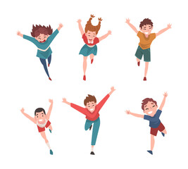 Set of happy children running with their arms outstretched. Freedom, carelessness, joy cartoon vector illustration