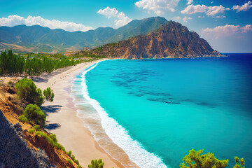 Beautiful sandy beach with gentle waves of the turquoise Mediterranean Sea in the background. Alanya Peninsula, Turkey. Generative AI - obrazy, fototapety, plakaty
