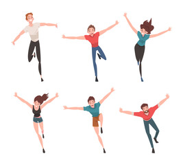 Fototapeta premium Set of happy people running with their arms outstretched. Freedom, carelessness, joy cartoon vector illustration