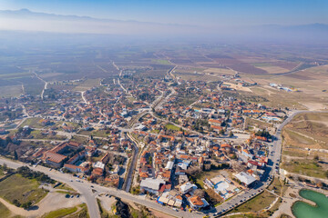 City Pamukkale landmark of Turkey Aerial top view