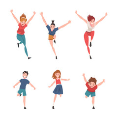 Set of happy people of different ages running with their arms outstretched. Freedom, carelessness, joy cartoon vector illustration