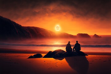 Fototapeta na wymiar Couple enjoying a romantic sunset on the beach, created with Generative AI technology