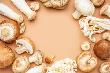 Fototapeta na wymiar Frame made of different mushrooms on color background, closeup