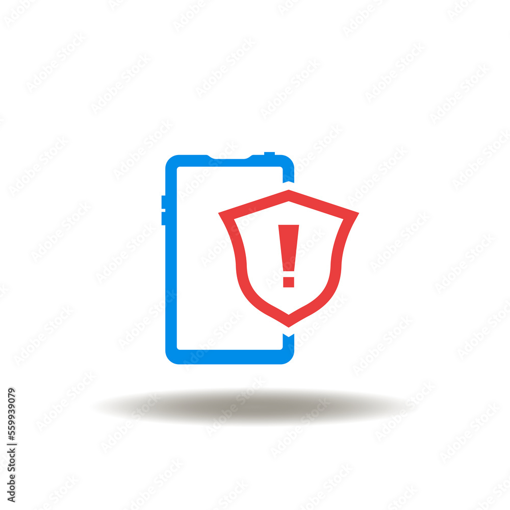 Poster vector illustration of smartphone and shield with exclamation mark. icon of malware, spyware, virus 