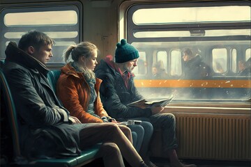 Passengers sitting on a delayed train looking at other late trains, created with Generative AI technology
