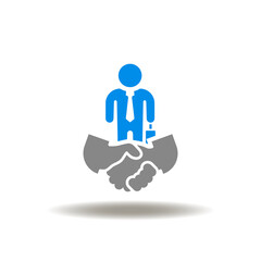 Vector illustration of handshake and businessman. Icon of deal. Symbol of partnership. Sign of HR Human Resource, Recruiting.