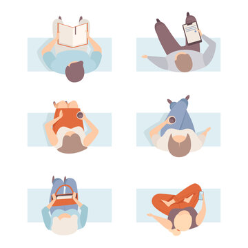 View From Above Of People Sitting On Chairs Set. Top View Of Sitting Men And Women Doing Different Activities Flat Vector Illustration