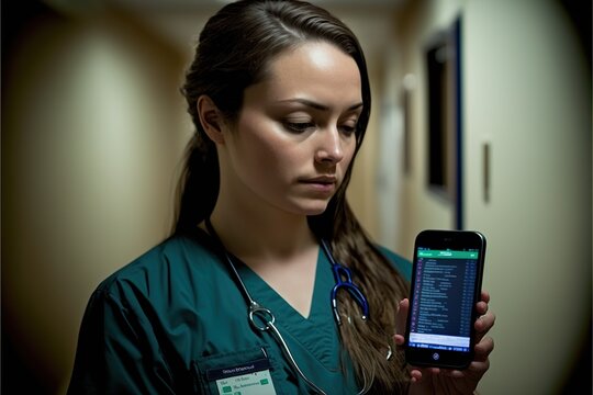 Nurse using a smartphone app to access electronic medical information, created with Generative AI technology
