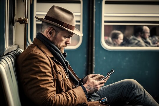 Passenger using their smartphone to check for updates of train schedule, created with Generative AI technology