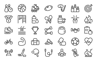 Set of 35 sport icons in line style. Football, bowling, hockey, tennis, swim, health, lifestyle. Vector illustration.  