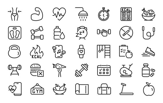 Set of 35 fitness icons in line style. Health, lifestyle, diet, exercise, body care, slim body. Vector illustration.