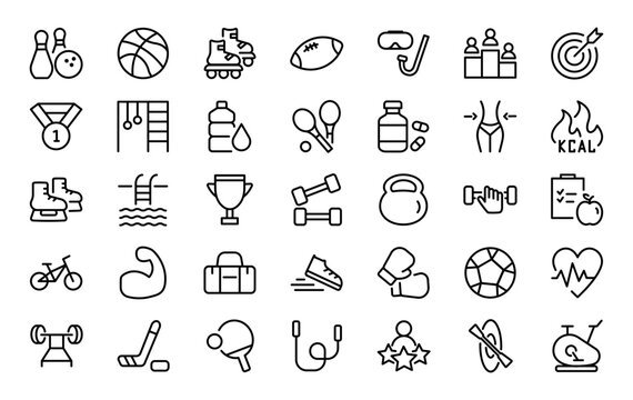 Set of 35 sport icons in line style. Football, bowling, hockey, tennis, swim, health, lifestyle. Vector illustration.  
